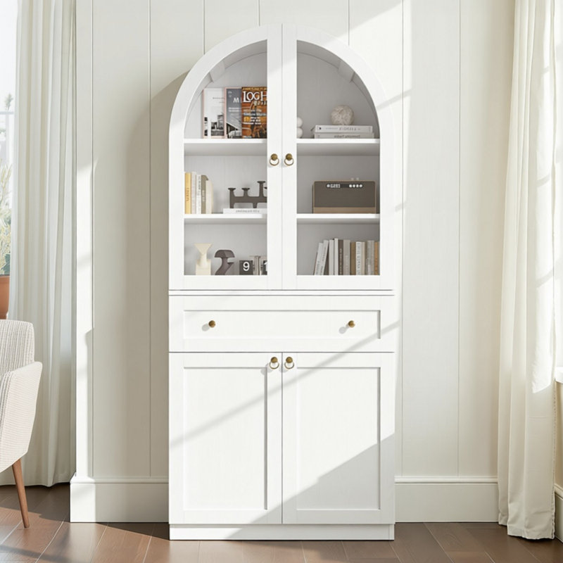 70.5" Tall Arched Storage Display Cabinet with Glass Doors and Adjutable Shelves, White