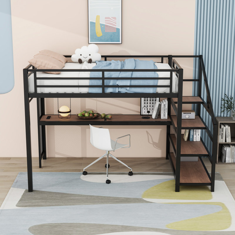 Lit mezzanine en métal avec bureau intégré, escalier de rangement, lumières DEL et ports USB, Double, Noir