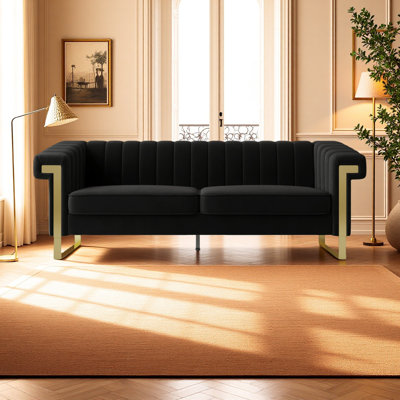Canapé Chesterfield moderne en velours noir - Canapé 3 places de luxe avec pieds en métal doré et dossier capitonné