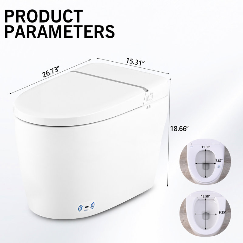 Toilette intelligente en céramique avec buse autonettoyante, siège chauffant, nuit, chasse d'eau à bouton, télécommande, ralentissement silencieux, fermeture en douceur, 3 options de chauffage automatique, choix de température de contrôle blanc,