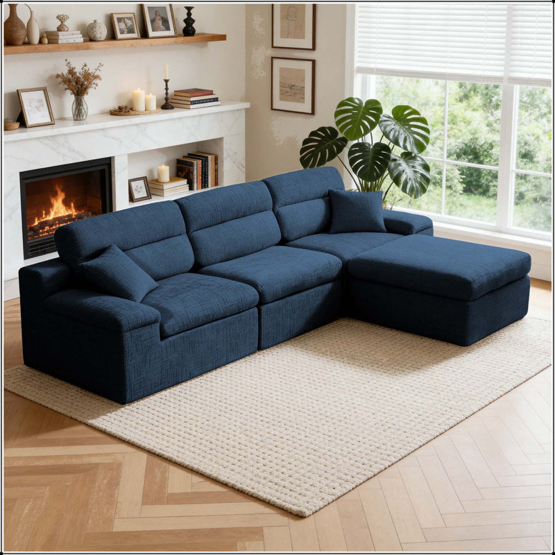 Canapé d'angle à dossier haut avec tissu chenille flammé et éponge haute densité, Chenille bleu foncé