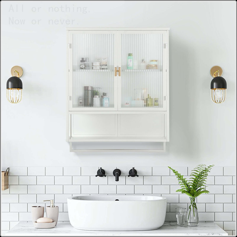 23.62'' Glass Door Wall Cabinet with Two-Tier Storage, Open Shelf, and Towel Rack, White