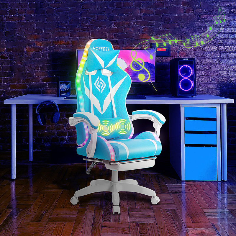 Hoffree Massage Ergonomic Gaming Chair with Bluetooth Speakers and RGB LED Lights, Blue/White