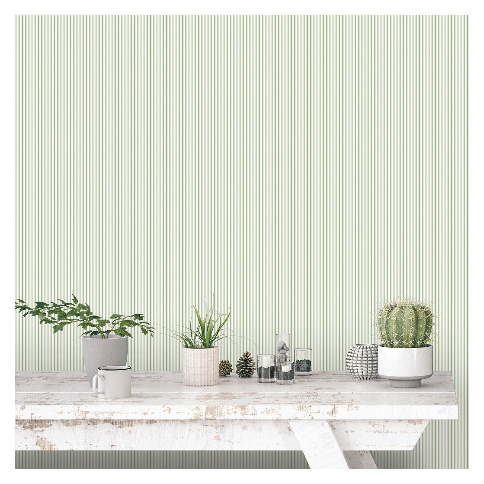 Smart Stripes 3 Ticking Stripe Wallpaper Roll, Green/White