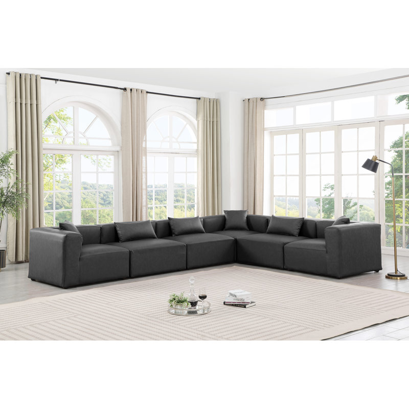 Houswerth Upholstered L-Shaped Sectional Reversible, Charcoal Vegan Leather