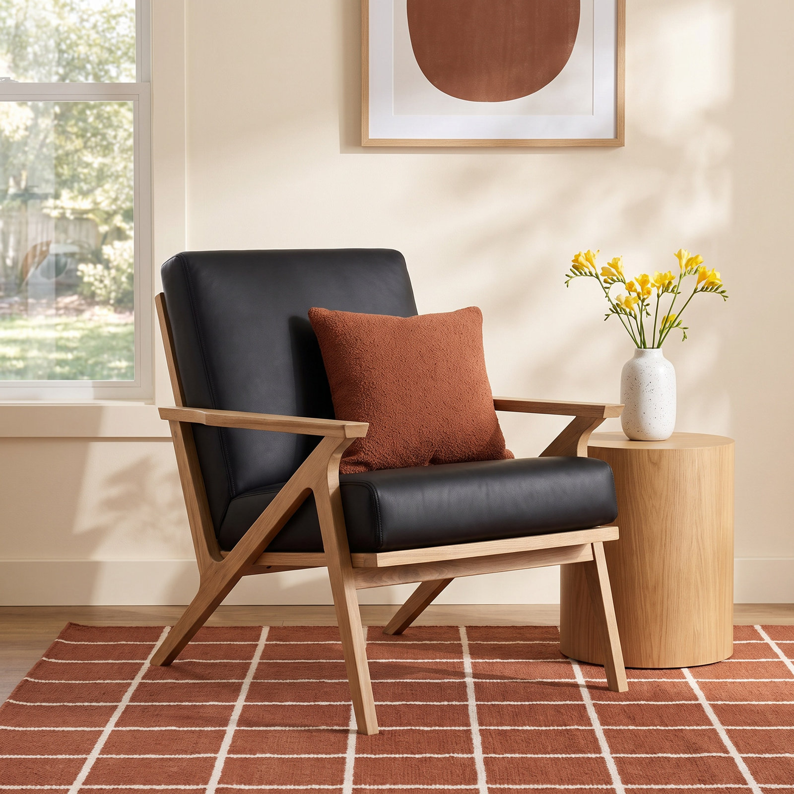 Mads Oak Genuine Leather Armchair, Black