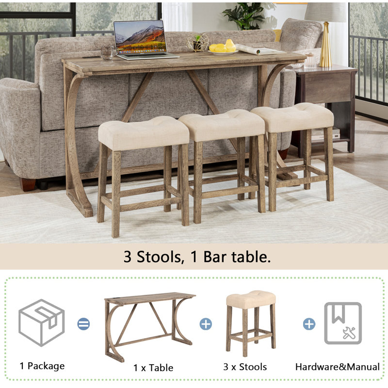 4-Piece Bar Table Set with Power Outlet, Dining Bar Table and Chairs Set,Bar Table Set with 3 Padded Stools for Living Room, Dining Room, Game Room