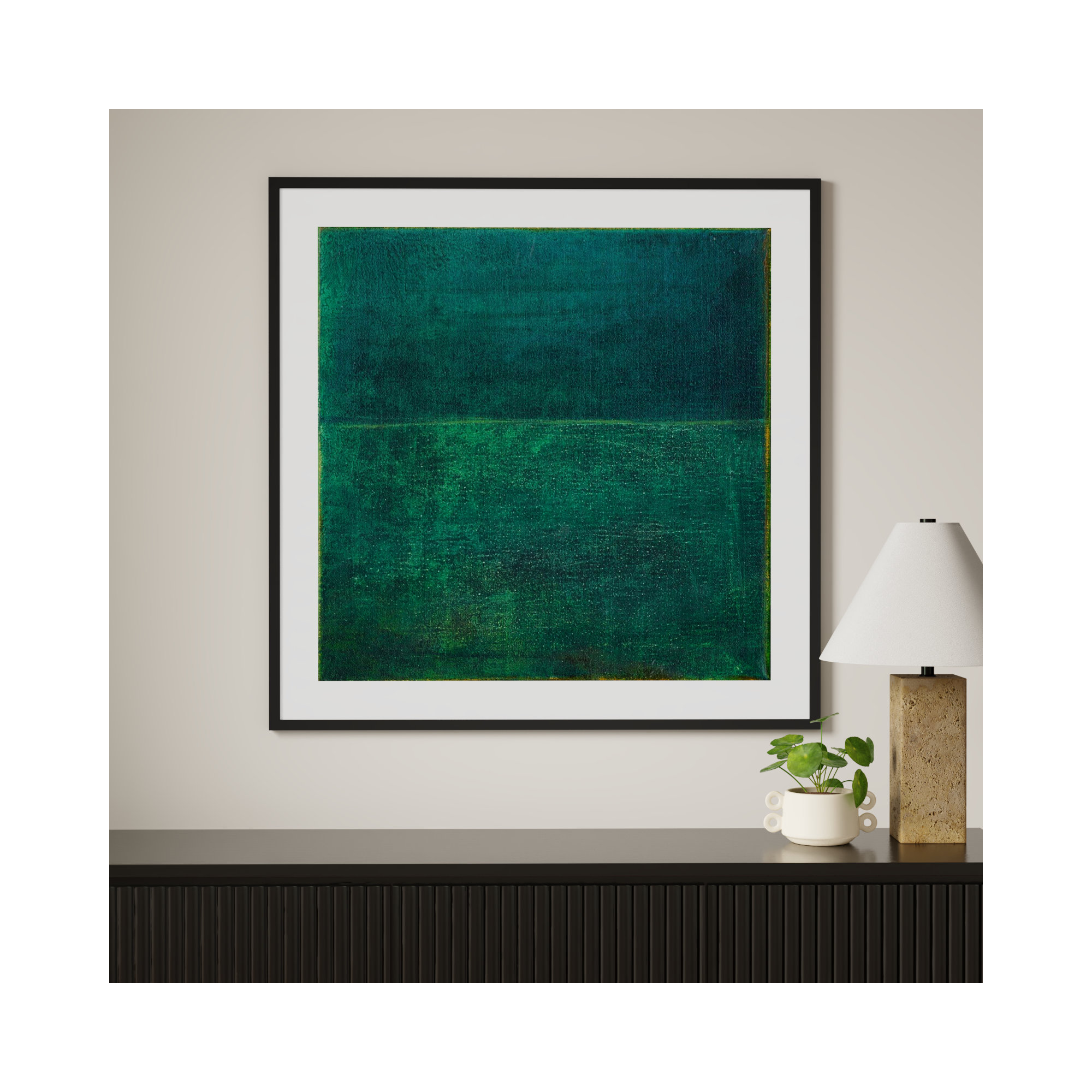 Green Zen I by Jodi Fuchs, 41.12" H x 41.12" W x 0.88" D, Black Framed Paper