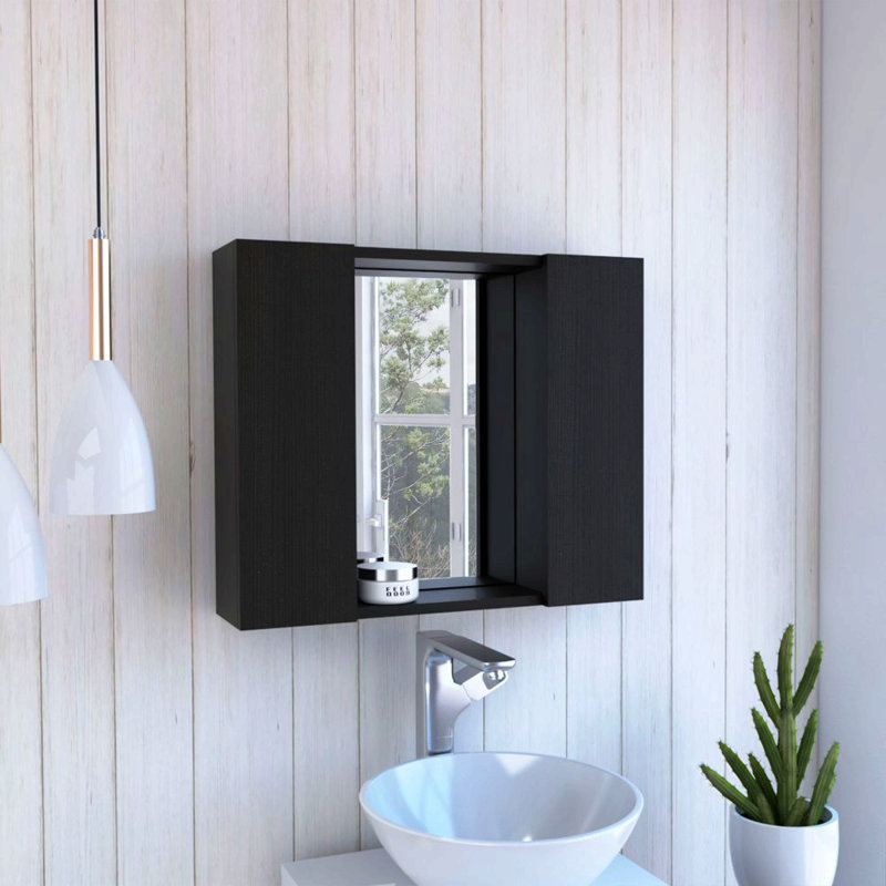 Armoire à pharmacie à double porte H 19 po, une tablette extérieure, Noir mat