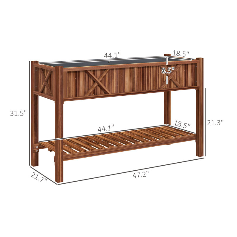 Elevated Wood Planter Box,Raised Garden Bed,With Storage Shelf,Drainage Holes,And Liner, Brown