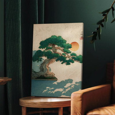 1 PC, art mural encadré, style japonais, bonsaï, pin, toile, art mural avec coucher de soleil et réflexion sur le lac, encre asiatique traditionnelle, impression pour salon, maison, décoration, minimaliste moderne