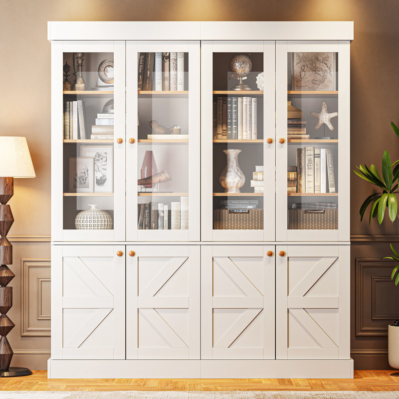 Bibliothèque de rangement en verre 71 "avec portes réglables et grands tiroirs H 71", Blanc