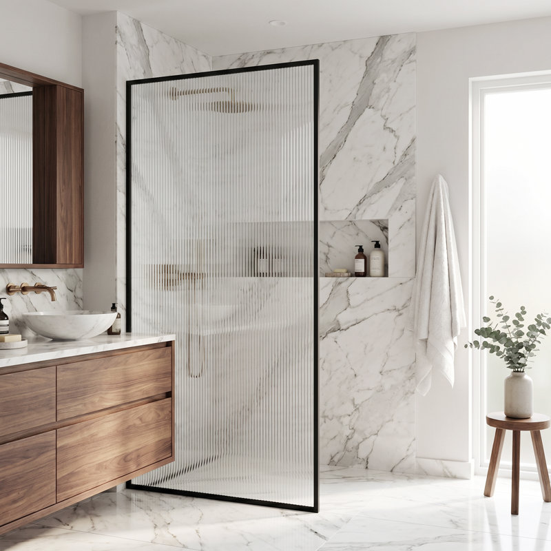 Meridian 34" W x 74" H Fixed Framed Shower Screen with 3/8" Glass, Matte Black Fluted