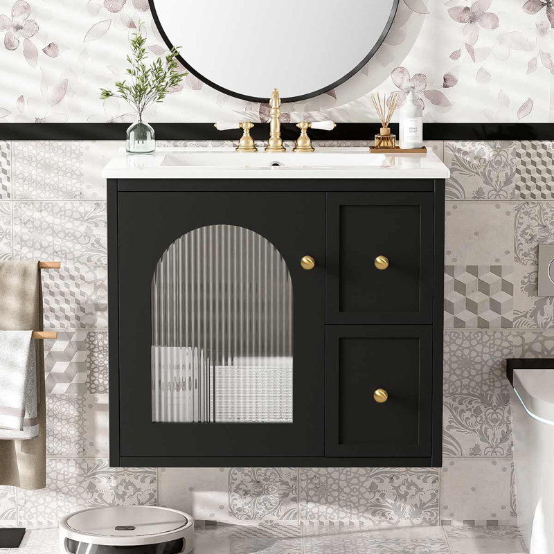 Meuble-lavabo mural 24 po avec lavabo en céramique et 2 tiroirs, Noir