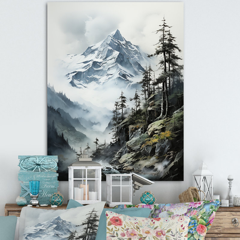 Dantrel vert, montagnes blanches, majestueux pics d'hiver - montagnes, art mural, H 20 po x l 12 po x P 1 po, Toile tendue