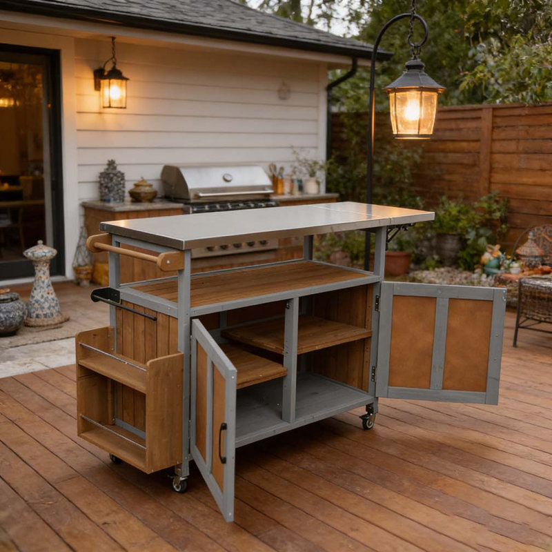 Îlot de cuisine pliable pour l'extérieur avec chariot verrouillable, Espresso, gris