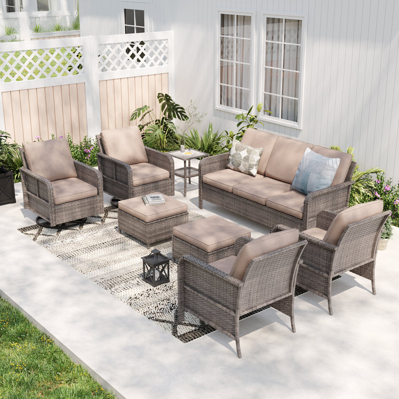 Ensemble de conversation de patio 8 pièces avec coussin et chaises berçantes pivotantes, Sable