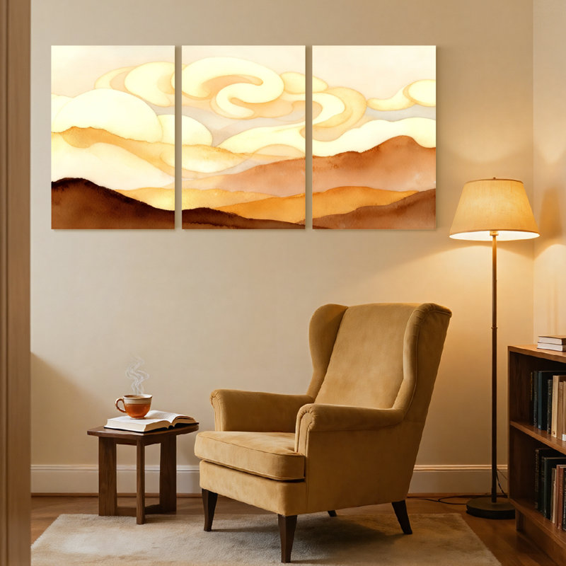 Abstrait paysage désertique avec nuages et lumière du soleil, ensemble de 3 reproductions d'art sur toile, H 24 po x l 48 po