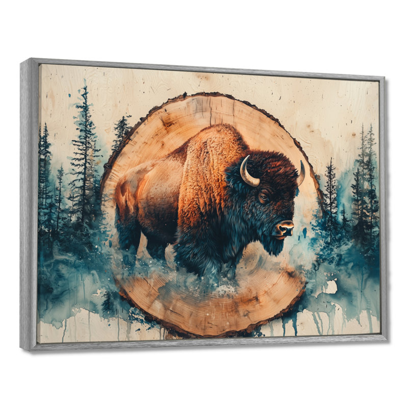 «Marcison Bison In Wood Slide Forest Landscape - Bison Large», art mural, H 30 po x l 40 po, Cadre flottant, Argent argent