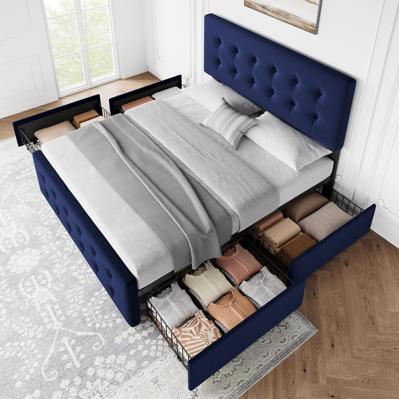 Queen Size Velvet Upholstered Platform Bed Frame with Button Tufted Headboard & 4 Storage Drawers, Wooden Slat Support, No Box Spring Needed - Black