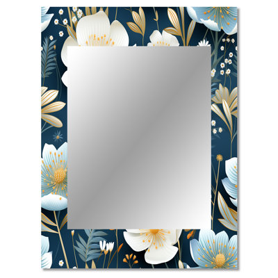 Motif de faune de renoncule blanc et bleu Antonnette - grand miroir mural floral, miroir décoratif floral, impression d'art en métal