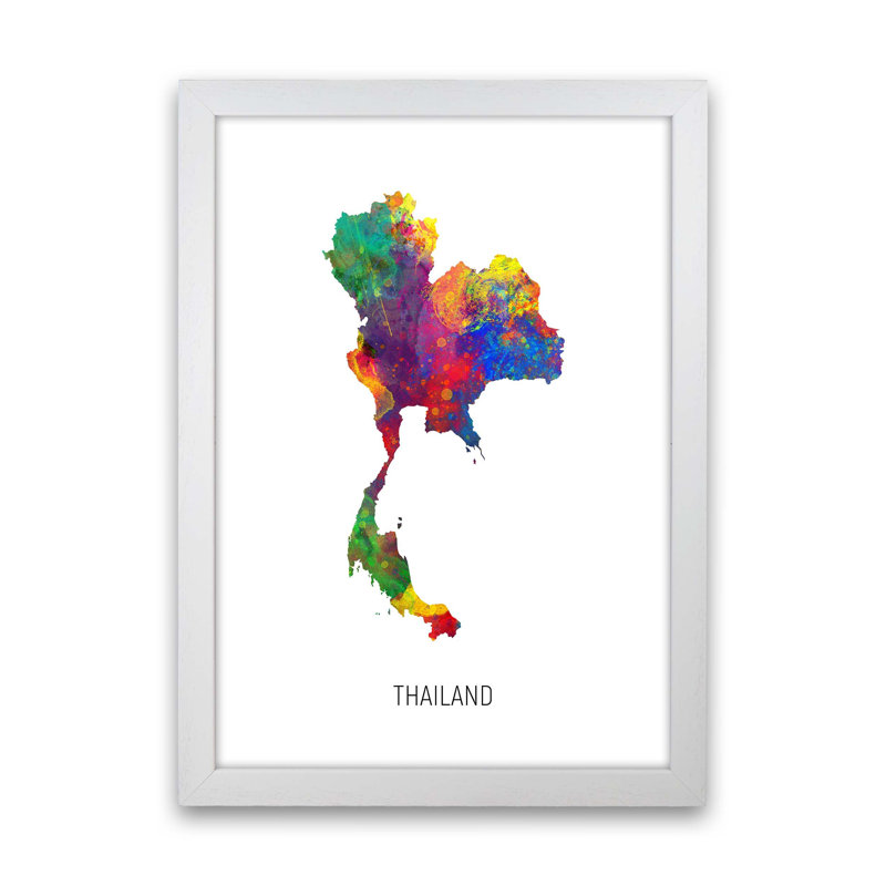 Thailand Watercolour Map by Michael Tompsett - Print, 88cm H x 64cm W x 3cm D, White Framed