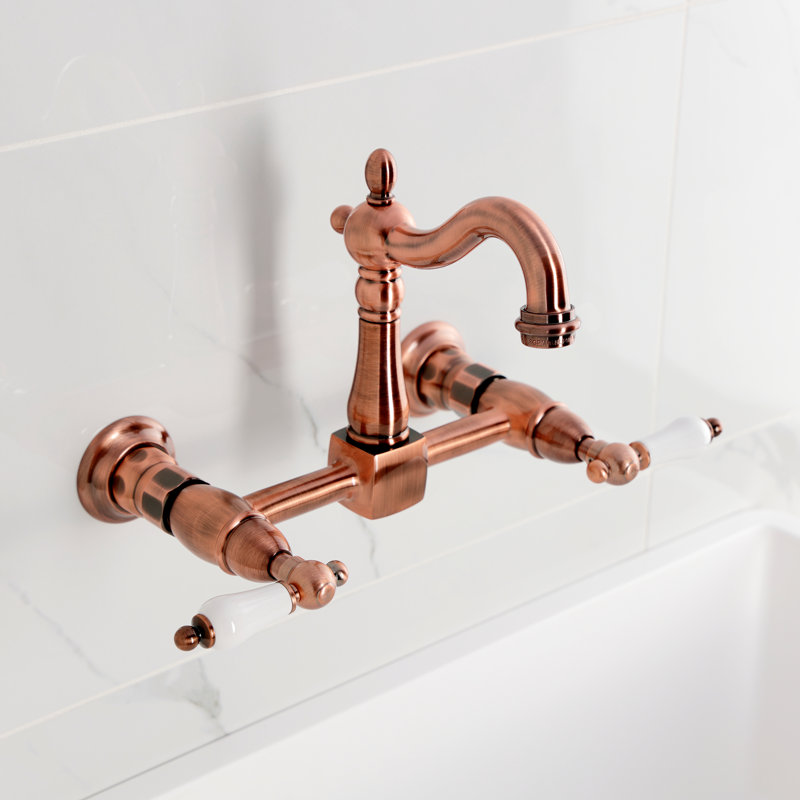 Kingston Brass Heritage Double-Handle 2-Hole Wall-Mount Bridge Kitchen Faucet, Antique Copper