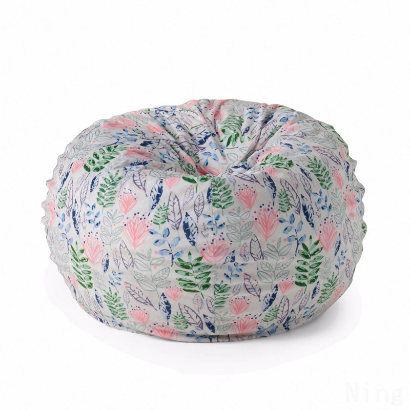 3 Foot Rounded Bean Bag, Leaf Print, Navy Multi Fabric