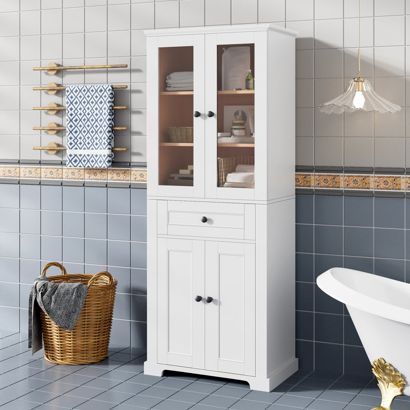 Freestanding Bathroom Vanity Cabinet with Glass Doors, White
