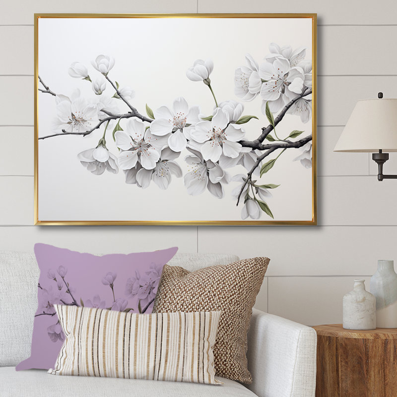 Fleur de cerisier blanc minimaliste et minimaliste II, Cadre flottant doré, H 24 po x l 32 po x P 1 po