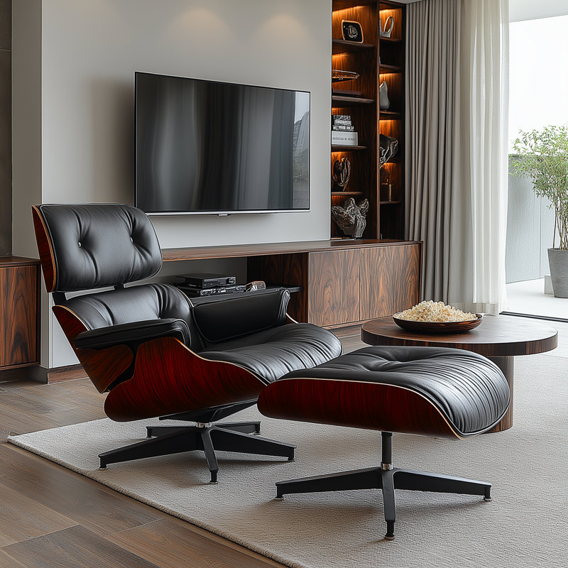 Real Leather Upholstered Accent Chair With Ottoman And Heavy-Duty Aluminum Base, Black-Orange Wood