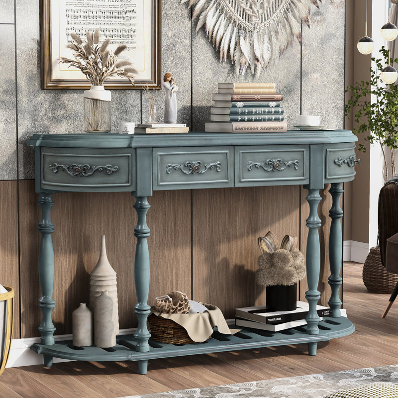 Console bleu antique, 4 tiroirs et 1 tablette, entrée en bois massif et table d'appoint courbée dans le salon, bleu