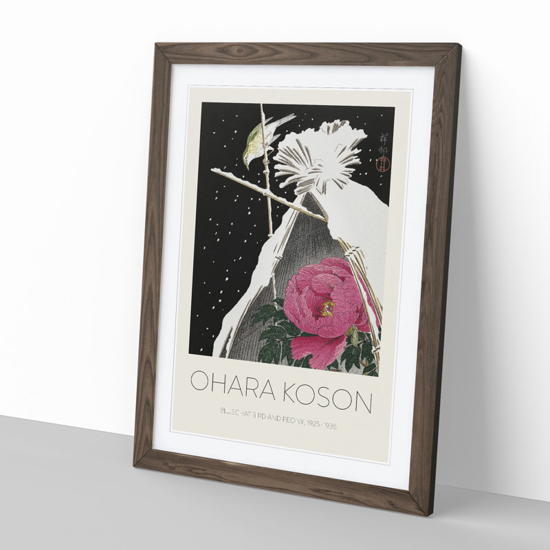 Siberian Bluechat Bird and Pink Peony - Picture Frame Painting, Walnut, 36cm H x 27cm W x 2cm D