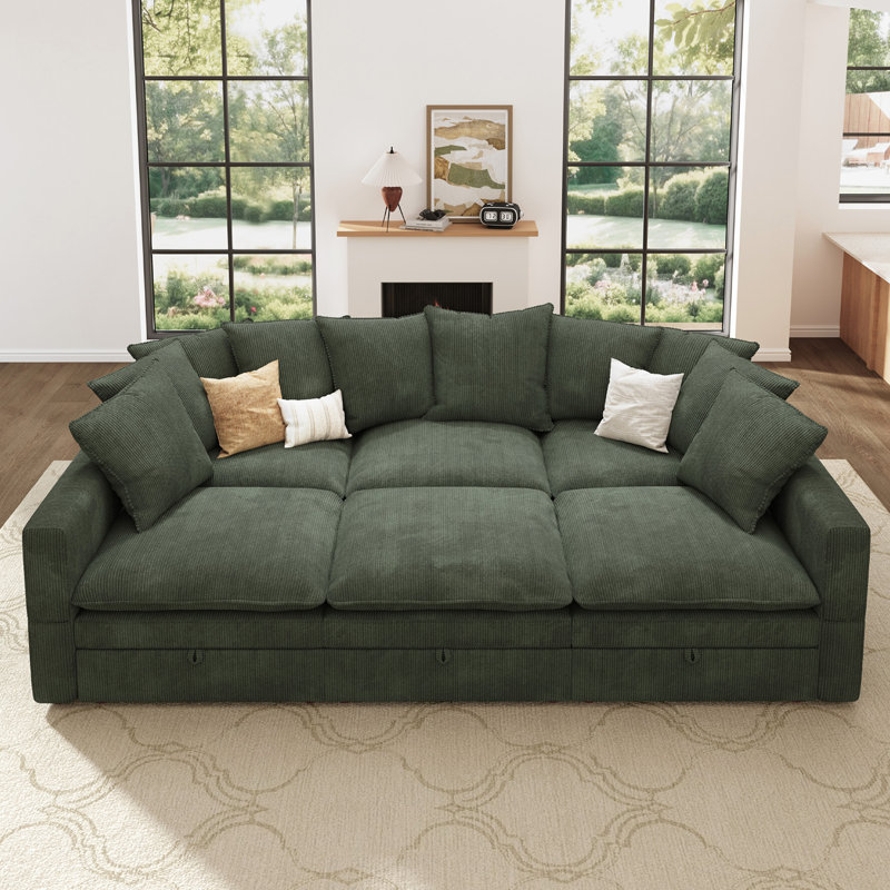 Modular Storage Sleeper Cloud Sofa Upholstered Corduroy Sectional Couch, Green Corduroy 