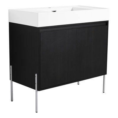 Meuble-lavabo de salle de bain avec lavabo en résine et finition chêne foncé - Conception gracieuse pour un décor élégant