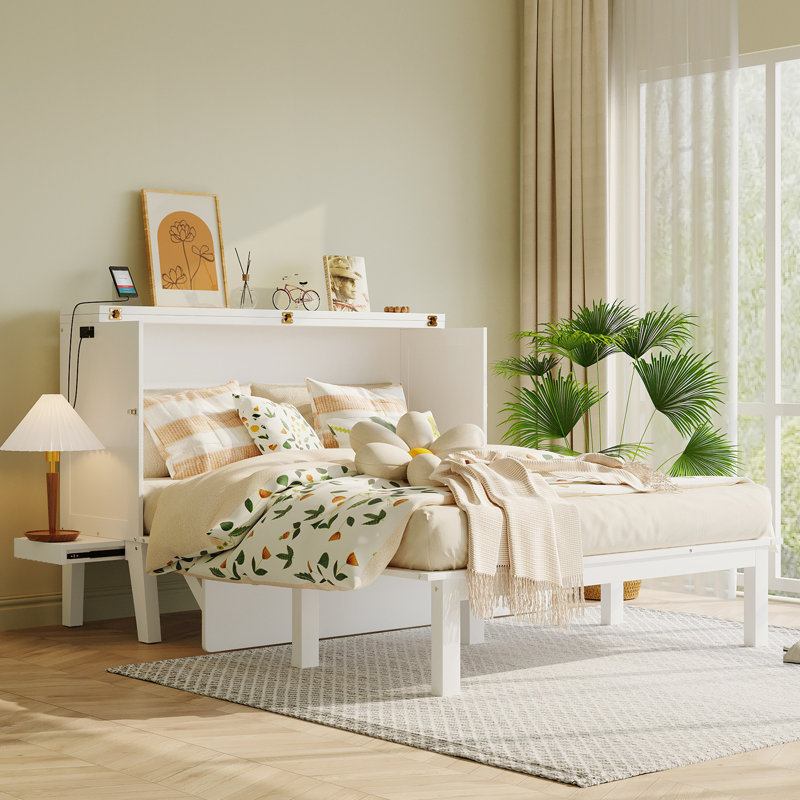 Lit escamotable avec port USB et tablettes amovibles de chaque côté, Blanc