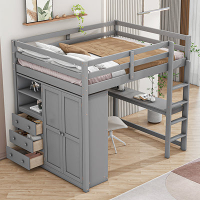 Lit mezzanine double en bois avec garde-robe intégrée, bureau, tablettes de rangement et tiroirs