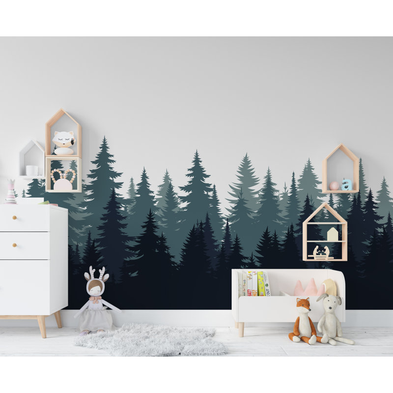 Décalcomanie murale forêt Evergreen - paysage de pin - bleu sarcelle et bleu marine Silhouette Art - Nature murale - décor bois moderne 676DLU