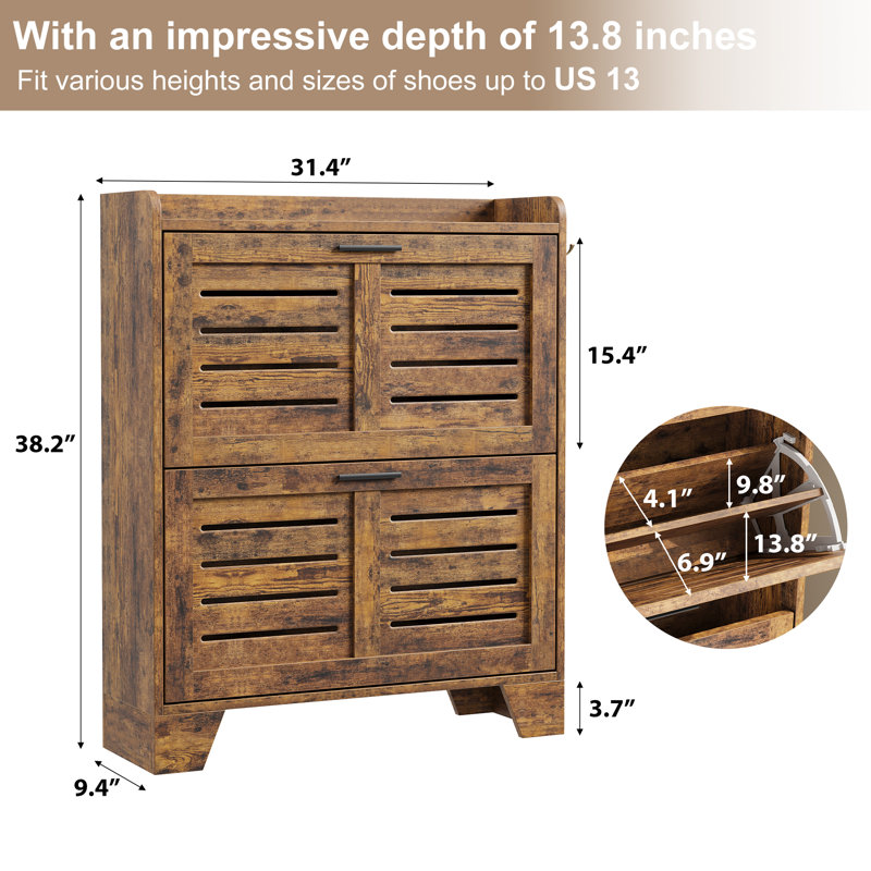 Farmhouse Shoe Cabinet for Entryway, Slim Shoe Storage Organizer with 2 Flip Down Drawers & Hooks, Narrow Wood Hallway Cabinet for Small Spaces, Apartments