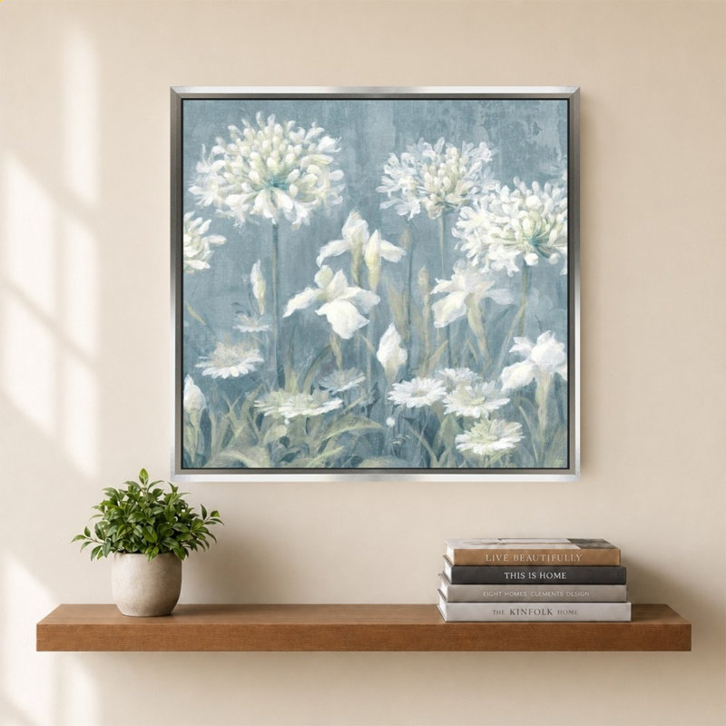 «Spring Blossoms II Slate Blue» par Danhui Nai - impression sur toile, 40" H x 40" W, Silver