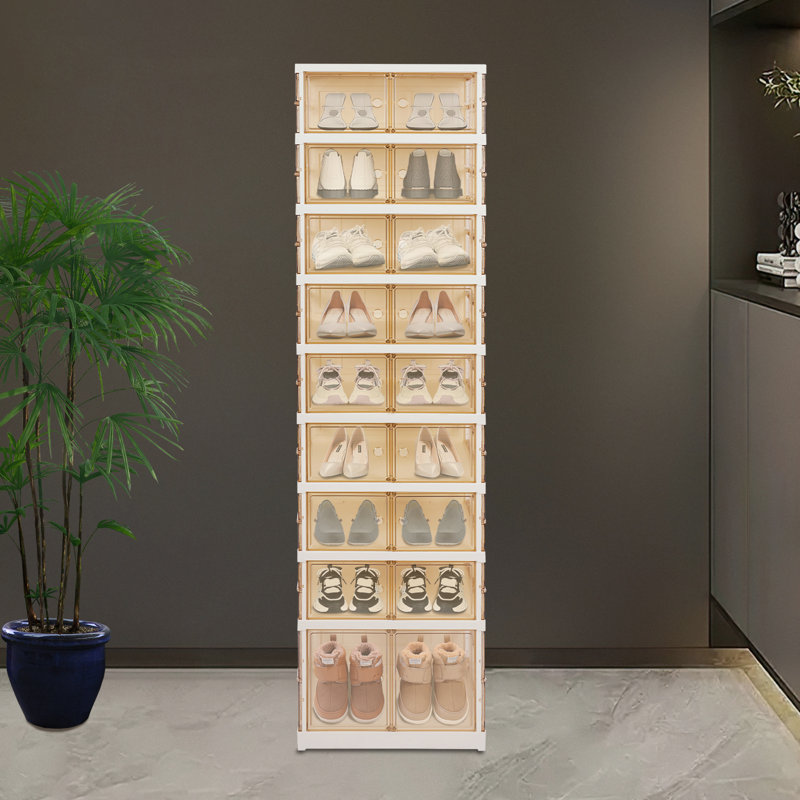 9-Tier Foldable Rectangular Freestanding Shoe Cabinet With Wheels, White