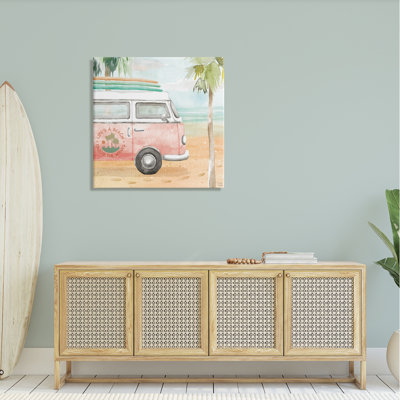 «Life's a Beach Pink Surf Van» par Dina June - peinture sur toile tendue