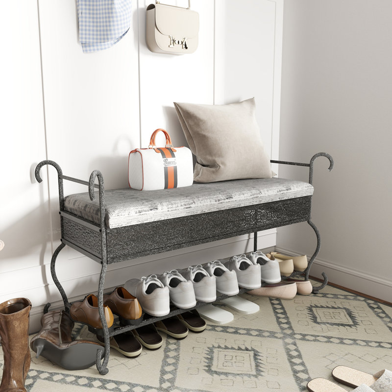 Upholstered Shoe Rack Bench For Entryway - Rustic Fabric And Metal Bench With Storage Shelf - Black & Silver
