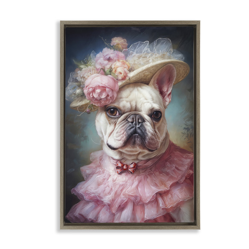 Feminine Victorian Frenchie Floating Frame, design by Wumples, 31" H x 21" W, Montalcino Elm Floater Frame