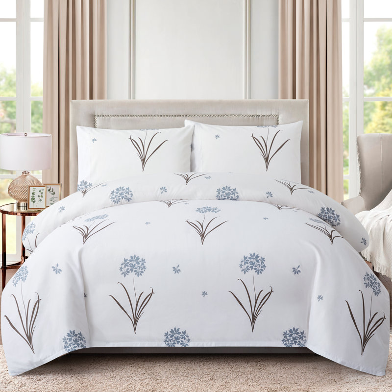 Marina Decoration Home Bedding Bedroom essentials Cooling Soft Silky Zipper All Season 3 Pieces Rayon from Bamboo Printed Duvet Cover Set with 2 Pillowcases, Grey Hydrangea Floral Pattern King Size