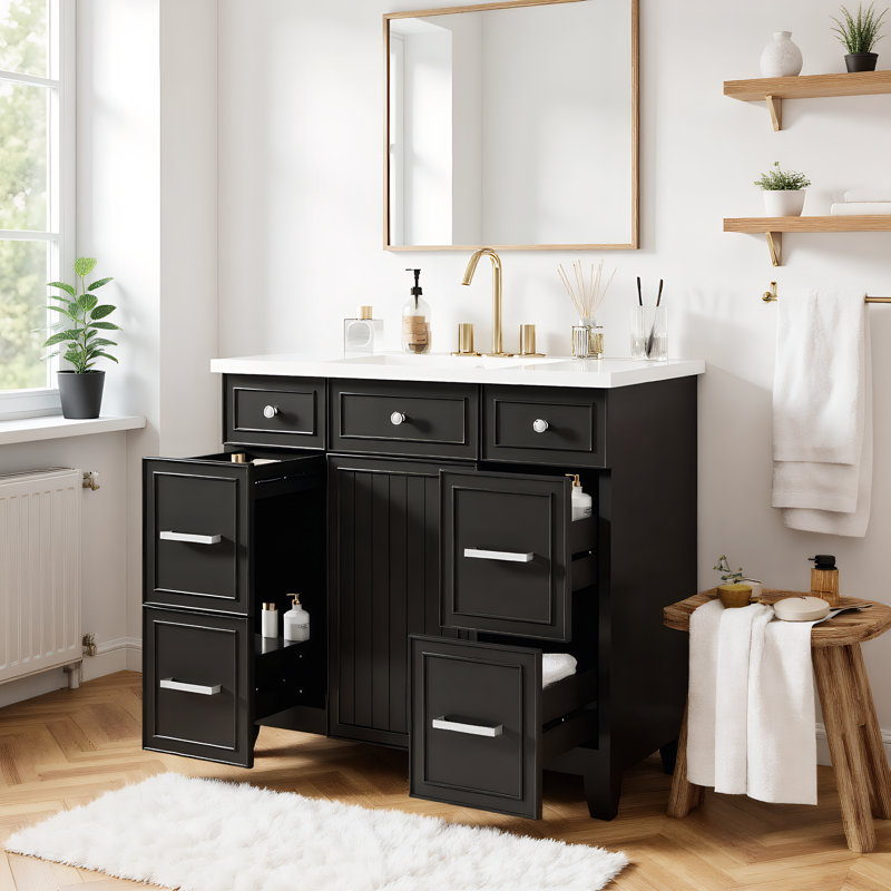 36" Black Bathroom Vanity with Ceramic Sink, Soft-Close Door & 3 Drawers, Water-Resistant MDF, Easy 1-Box Assembly