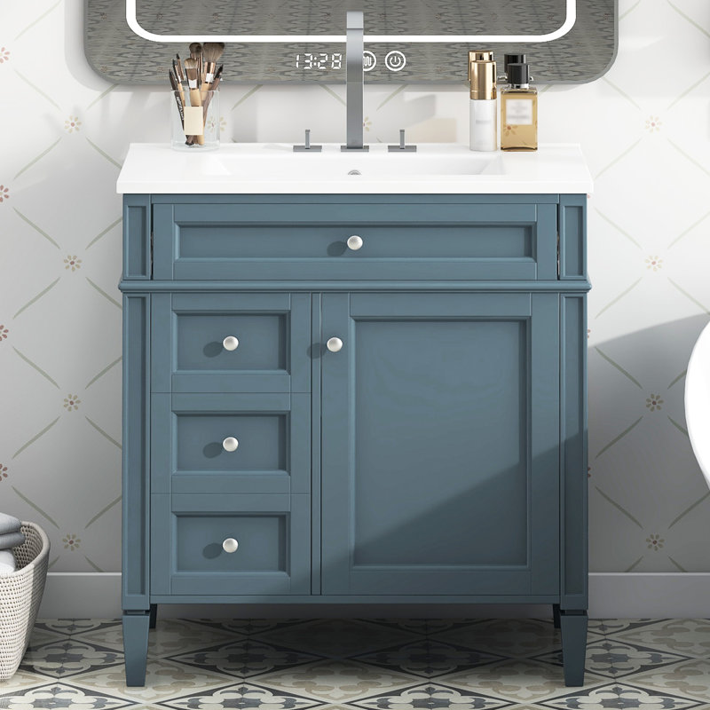 Meuble-lavabo simple avec 2 tiroirs, un tiroir basculant et un rangement diversifié dans un meuble-lavabo de style minimaliste moderne de 30 po