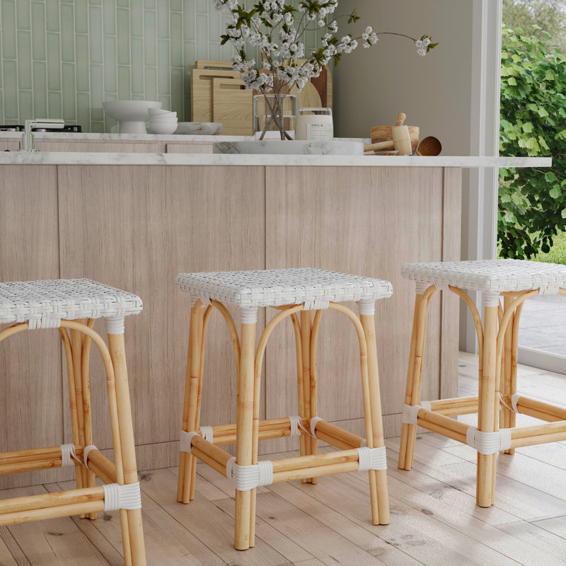 Riviera Gray/White Dot 24"H Square Rattan Counter Stool, White