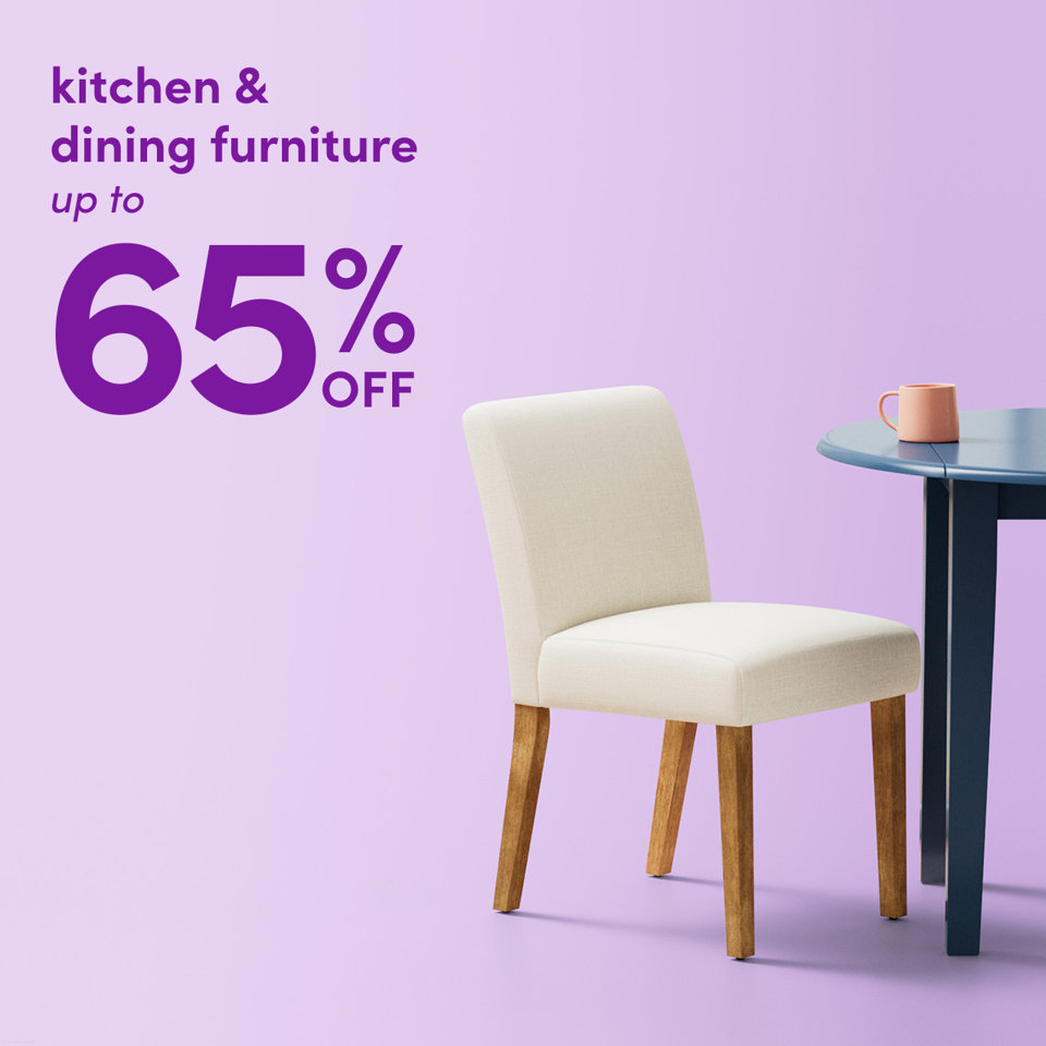 Kitchen and dining furniture up to 65% off featuring a cream upholstered dining chair and a blue table with a peach mug against a light purple background.