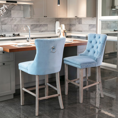 Blue Velvet With Mid-century Modern Design, Solid Wood Frame, Adjustable Height, Of 2 Bar Chairs Legs, High Rebound Sponge, Noble Style,